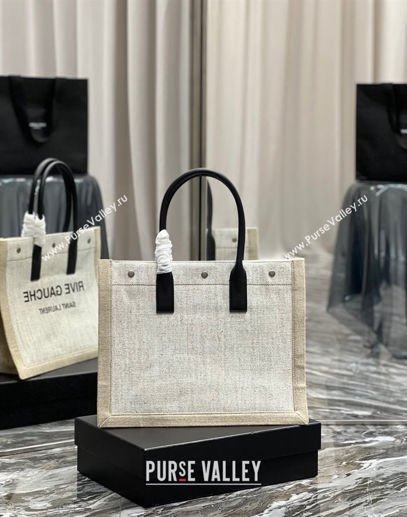 Saint Laurent Rive Gauche Small Tote Bag in Printed Canvas and Leather 617480 White/Beige 2024 (YY-240313075)