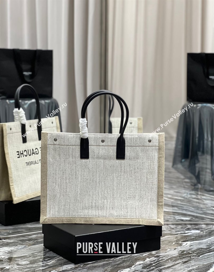 Saint Laurent Rive Gauche Large Tote Bag in Printed Canvas and Leather 509415 White/Beige 2024 (YY-240313076)