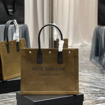 Saint Laurent Rive Gauche Small Tote Bag in Printed Canvas and Leather 617480 Army Green 2024 (YY-240313077)
