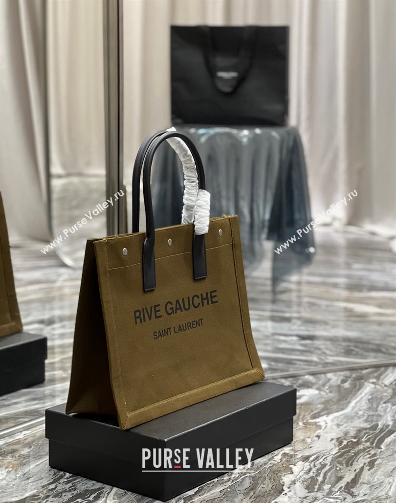 Saint Laurent Rive Gauche Small Tote Bag in Printed Canvas and Leather 617480 Army Green 2024 (YY-240313077)