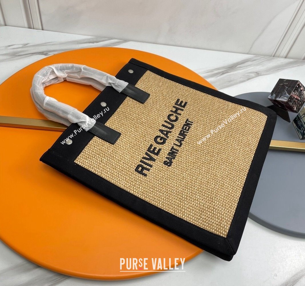 Saint Laurent Rive Gauche N/S Shopping Bag in Raffia Straw Khaki 2024 631682 (YY-240313113)