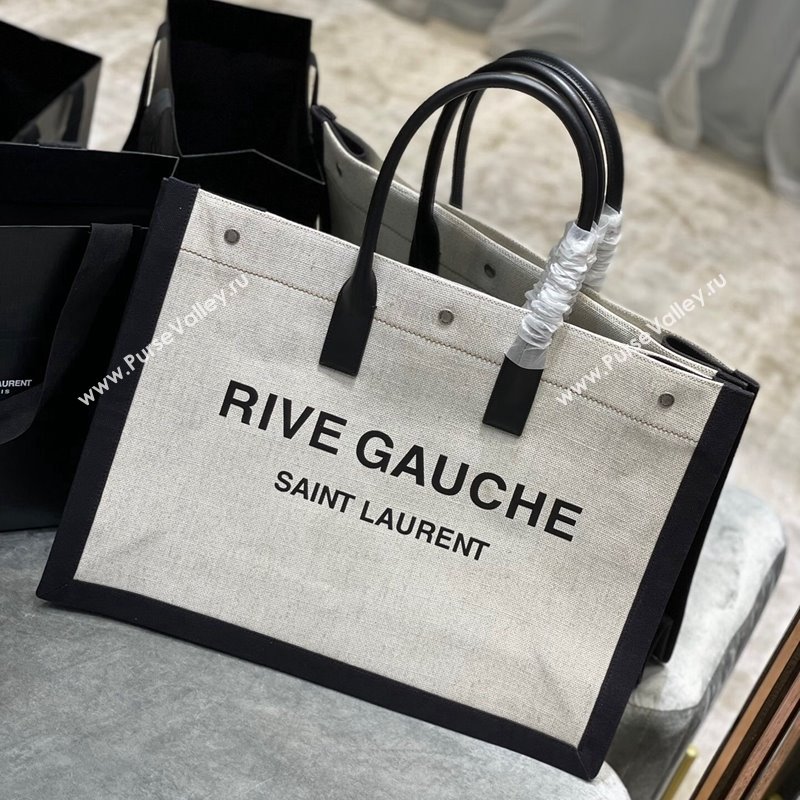 Saint Laurent Rive Gauche Large Tote Bag in Printed Canvas and Leather 509415 White/Black2 2024 (YY-240313079)