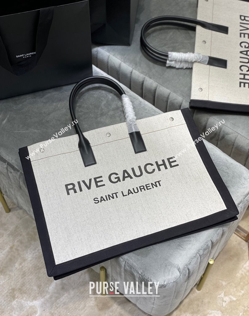 Saint Laurent Rive Gauche Large Tote Bag in Printed Canvas and Leather 509415 White/Black2 2024 (YY-240313079)