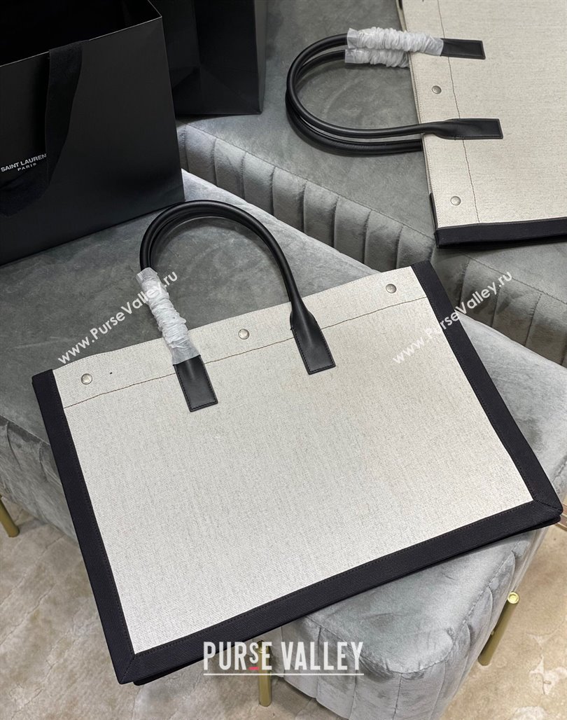 Saint Laurent Rive Gauche Large Tote Bag in Printed Canvas and Leather 509415 White/Black2 2024 (YY-240313079)