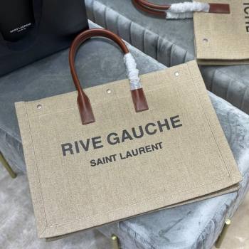 Saint Laurent Rive Gauche Large Tote Bag in Printed Canvas and Leather 509415 Beige/Black 2024 (YY-240313081)