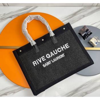 Saint Laurent Rive Gauche Large Tote Bag in Raffia Straw Black 2024 509415 (YY-240313117)