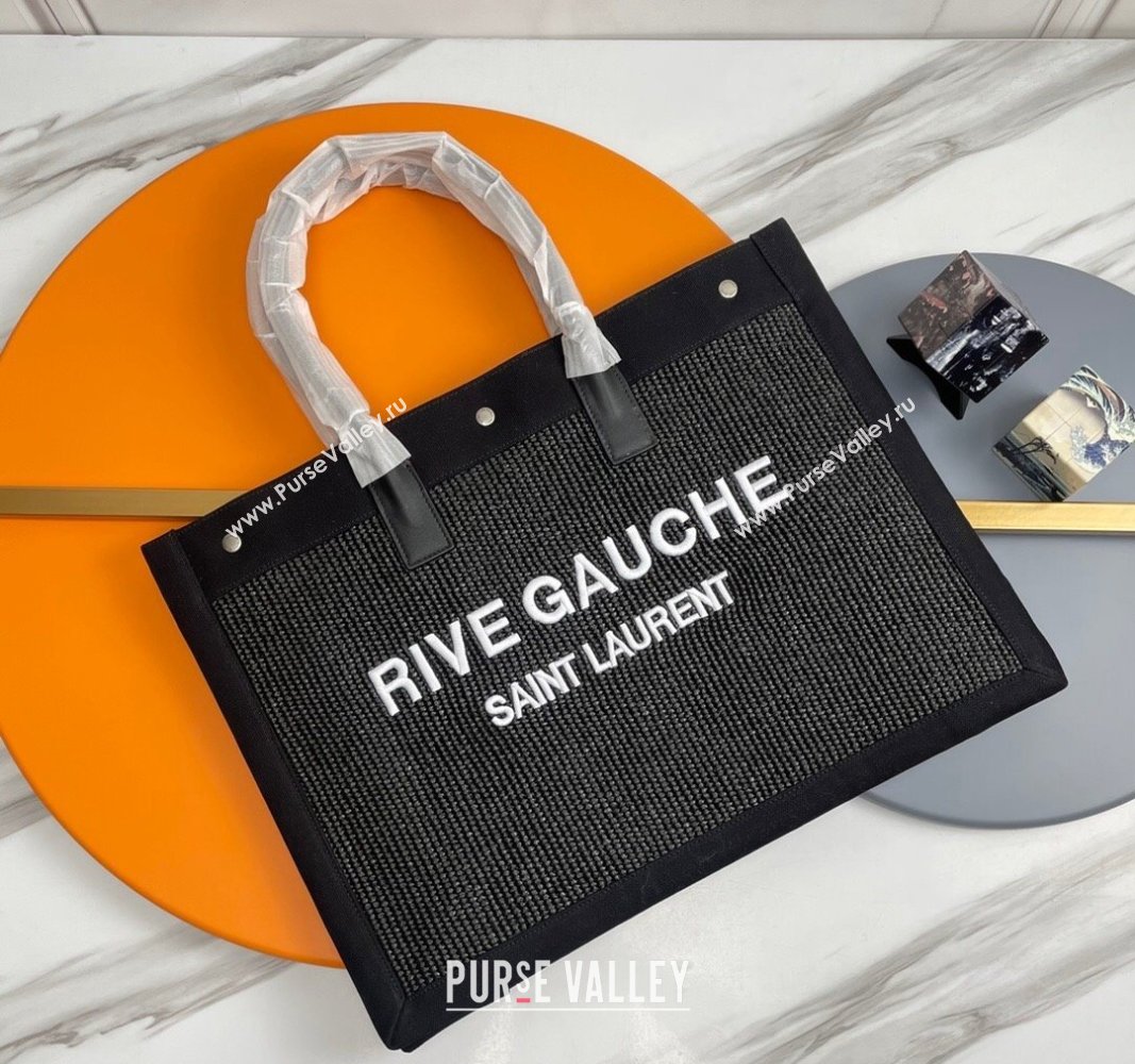 Saint Laurent Rive Gauche Large Tote Bag in Raffia Straw Black 2024 509415 (YY-240313117)