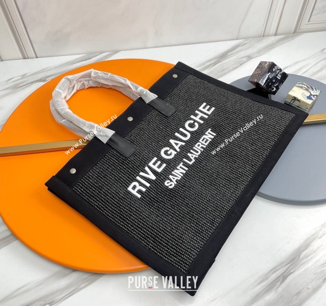 Saint Laurent Rive Gauche Large Tote Bag in Raffia Straw Black 2024 509415 (YY-240313117)