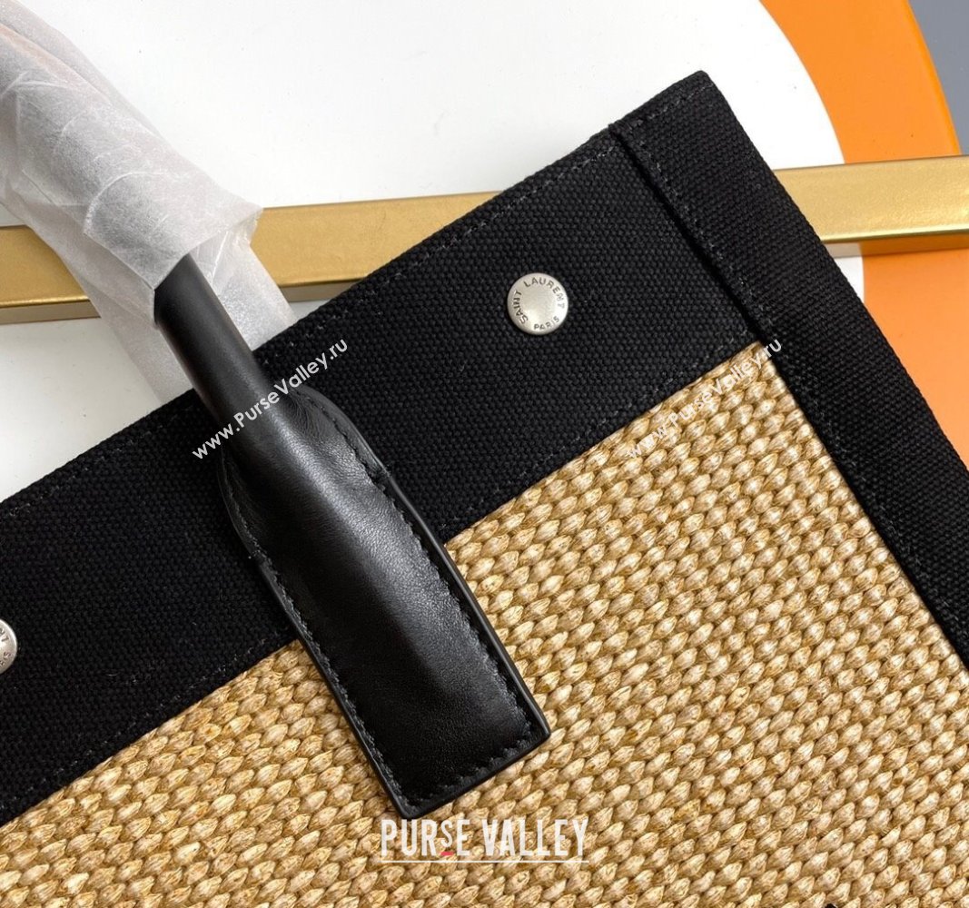 Saint Laurent Rive Gauche N/S Shopping Bag in Raffia Straw Khaki 2024 631682 (YY-240313113)