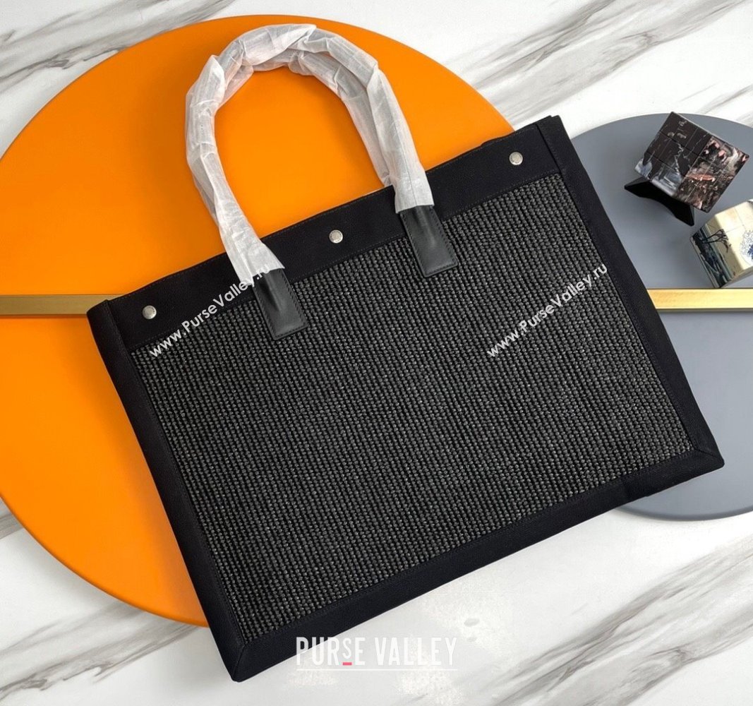 Saint Laurent Rive Gauche Large Tote Bag in Raffia Straw Black 2024 509415 (YY-240313117)
