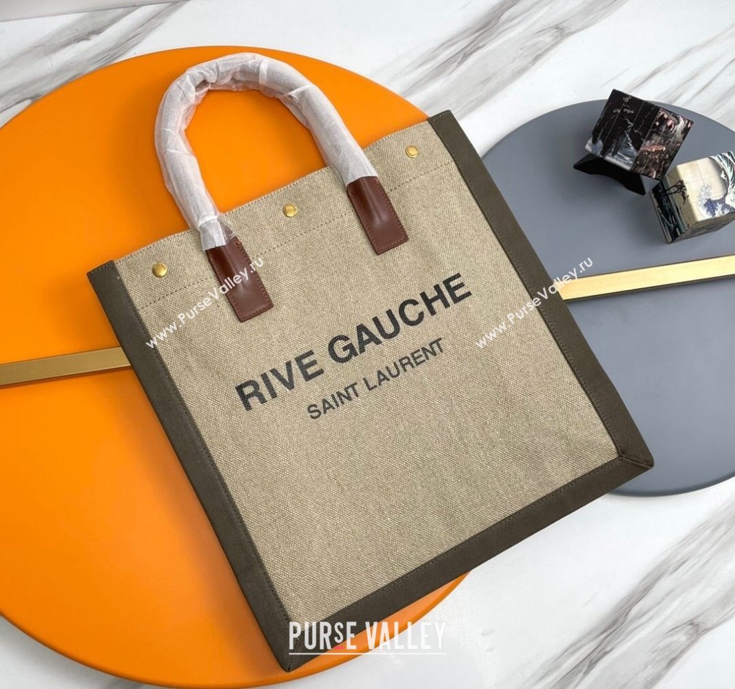 Saint Laurent Rive Gauche N/S Tote bag in Linen and Cotton 631682 Beige/Green 2024 (YY-240313118)