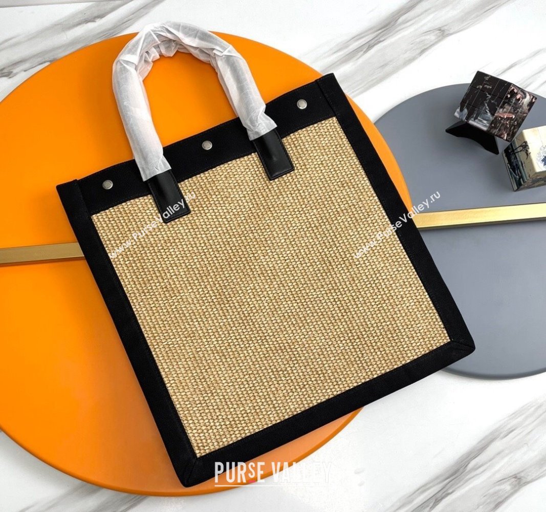 Saint Laurent Rive Gauche N/S Shopping Bag in Raffia Straw Khaki 2024 631682 (YY-240313113)
