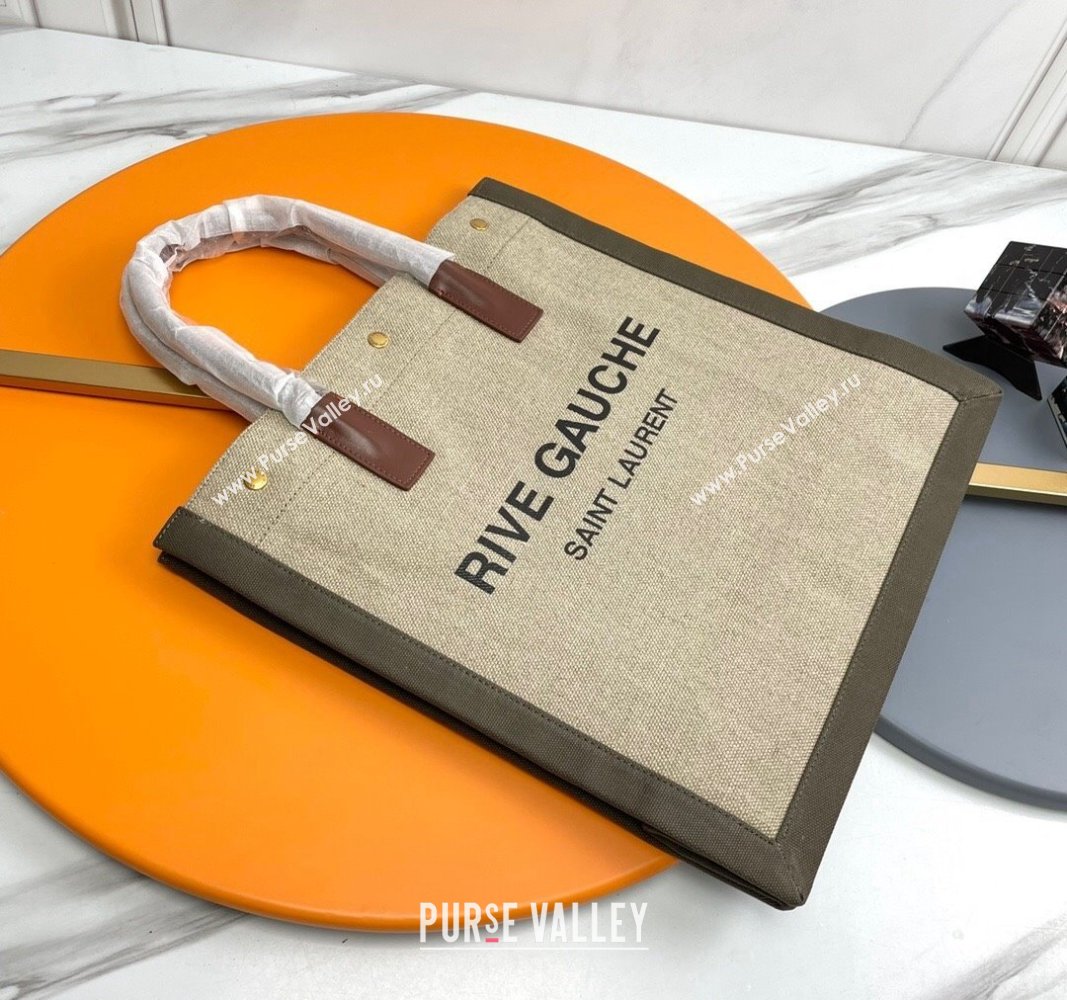 Saint Laurent Rive Gauche N/S Tote bag in Linen and Cotton 631682 Beige/Green 2024 (YY-240313118)