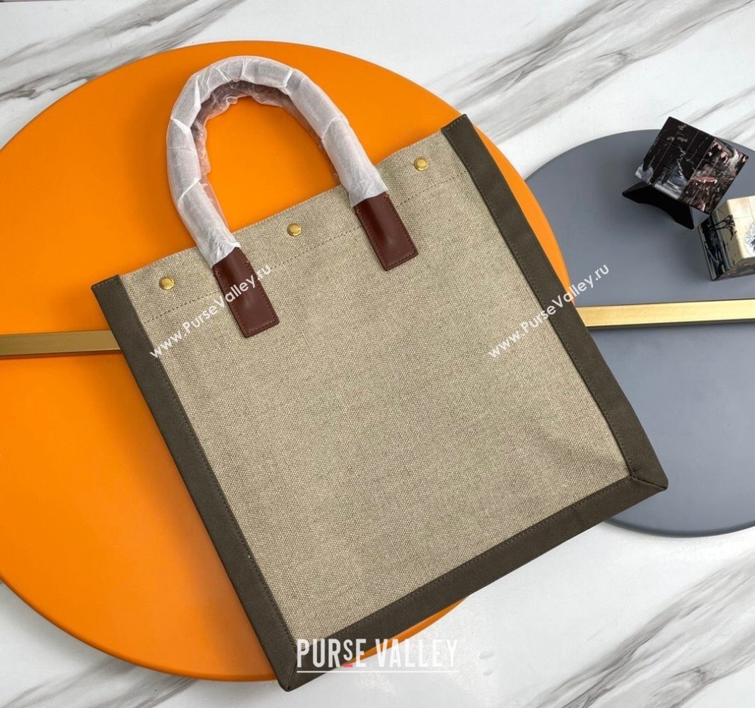 Saint Laurent Rive Gauche N/S Tote bag in Linen and Cotton 631682 Beige/Green 2024 (YY-240313118)