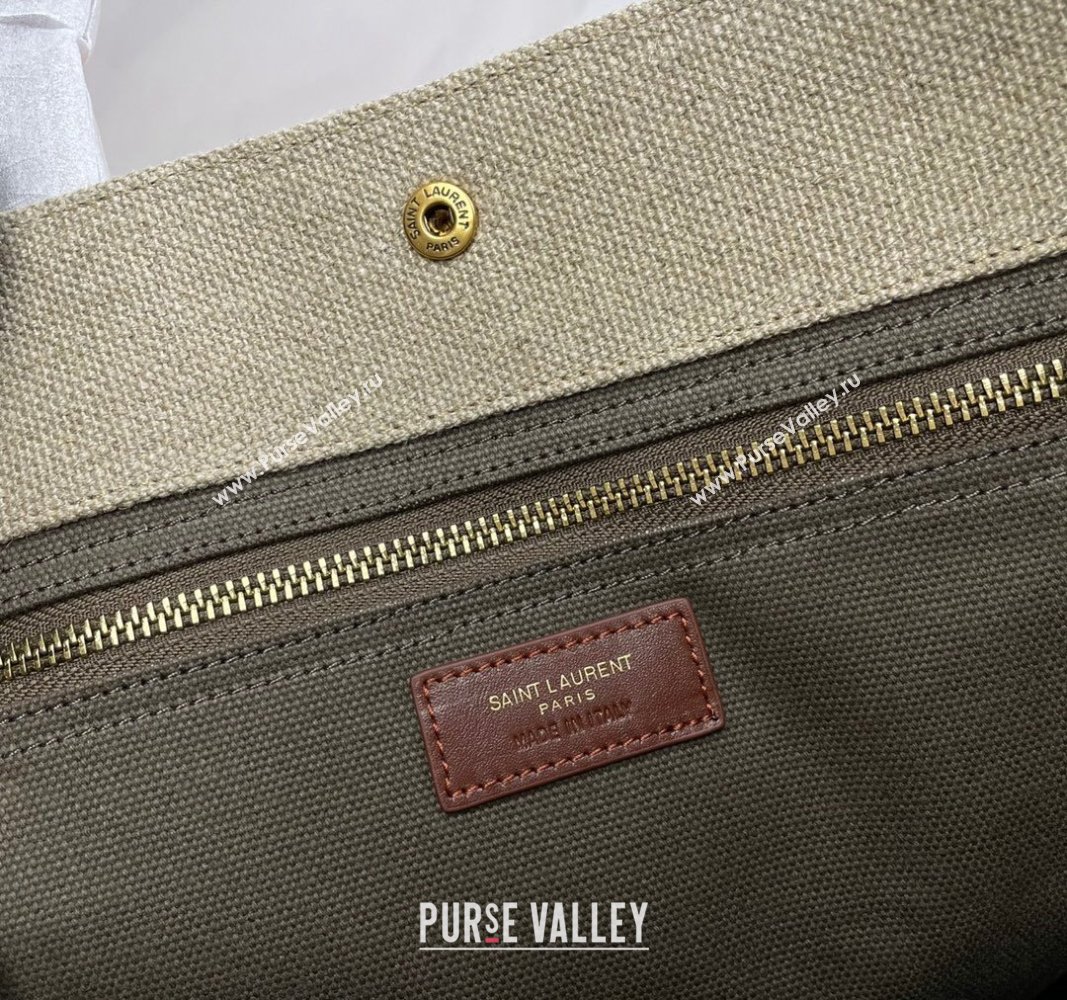 Saint Laurent Rive Gauche N/S Tote bag in Linen and Cotton 631682 Beige/Green 2024 (YY-240313118)