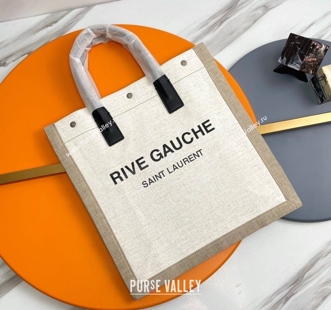 Saint Laurent Rive Gauche N/S Tote bag in Linen and Cotton 631682 Beige/White 2024 (YY-240313119)