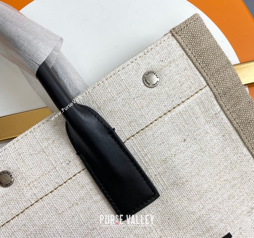 Saint Laurent Rive Gauche N/S Tote bag in Linen and Cotton 631682 Beige/White 2024 (YY-240313119)