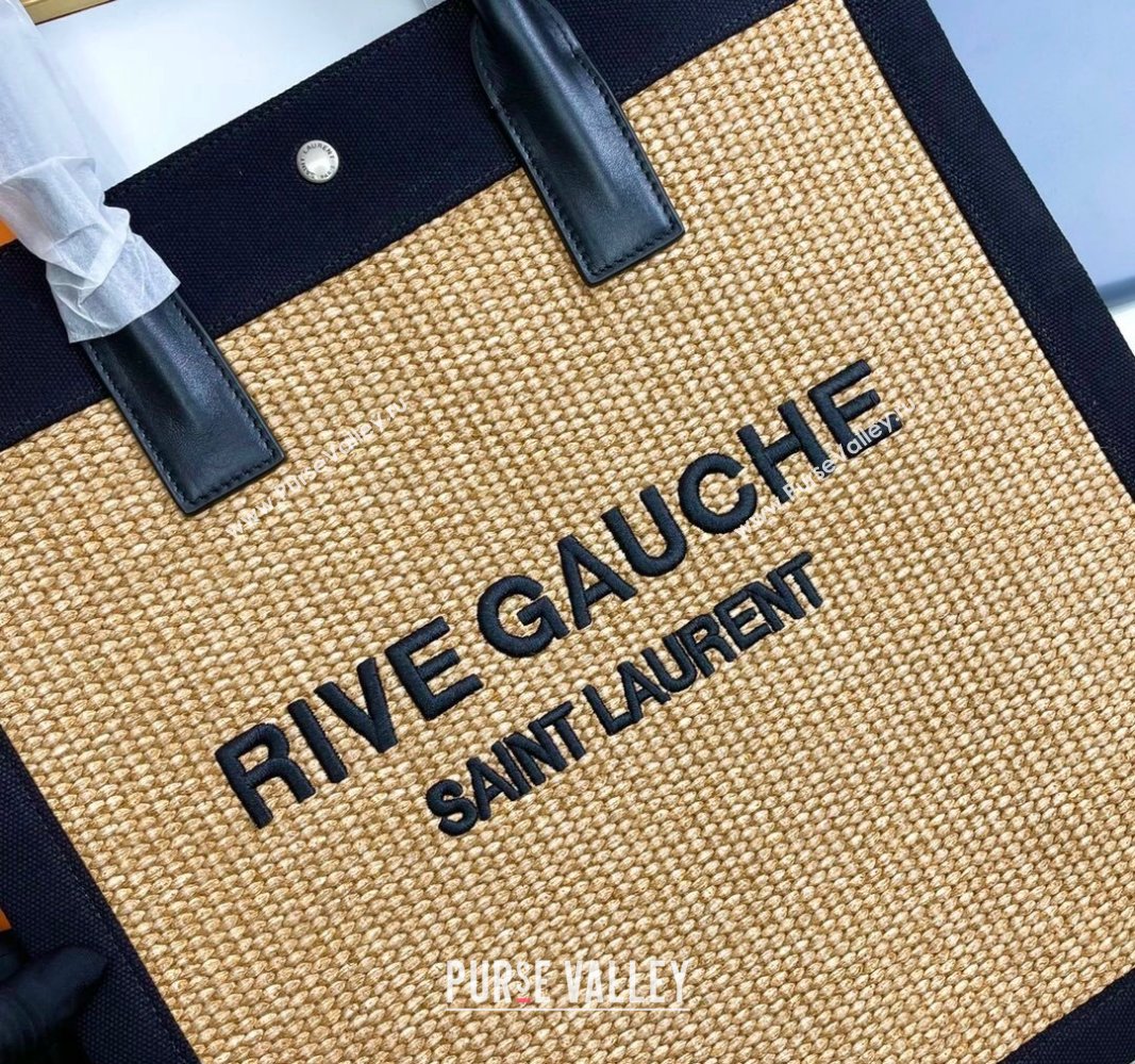 Saint Laurent Rive Gauche N/S Shopping Bag in Raffia Straw Khaki 2024 631682 (YY-240313113)