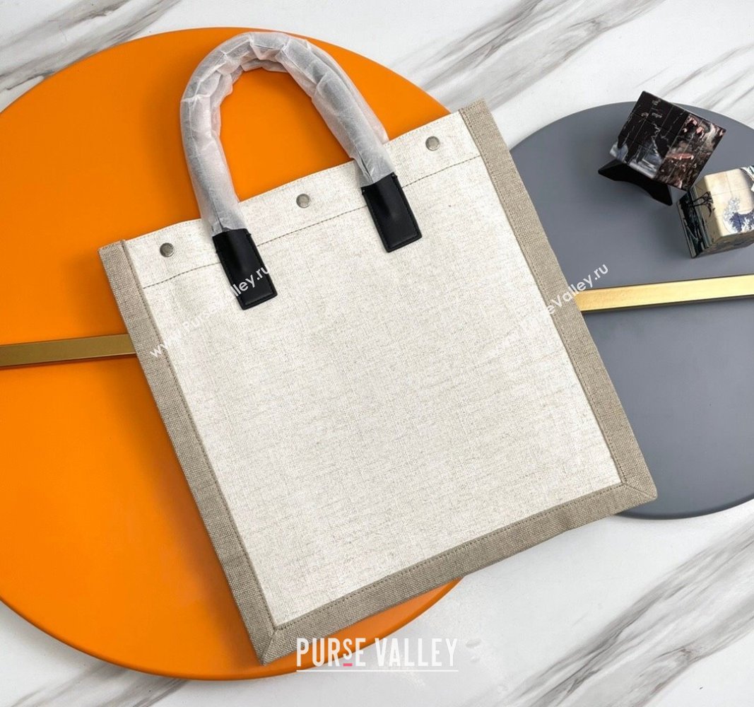 Saint Laurent Rive Gauche N/S Tote bag in Linen and Cotton 631682 Beige/White 2024 (YY-240313119)