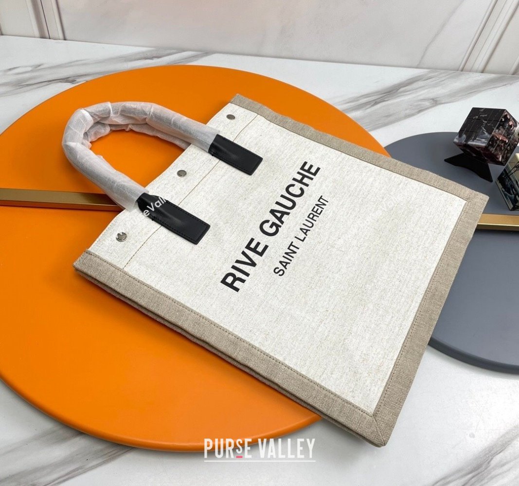 Saint Laurent Rive Gauche N/S Tote bag in Linen and Cotton 631682 Beige/White 2024 (YY-240313119)