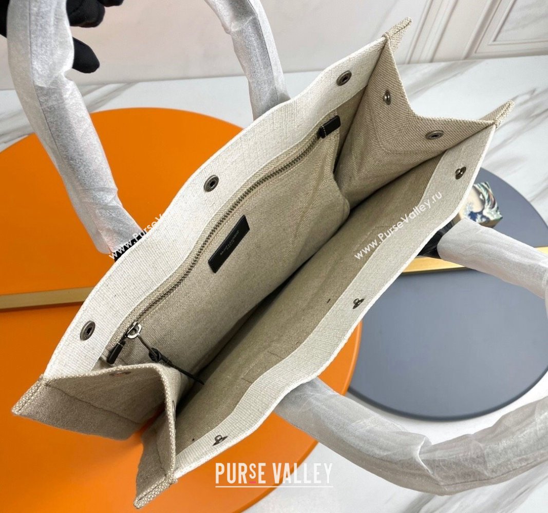 Saint Laurent Rive Gauche N/S Tote bag in Linen and Cotton 631682 Beige/White 2024 (YY-240313119)