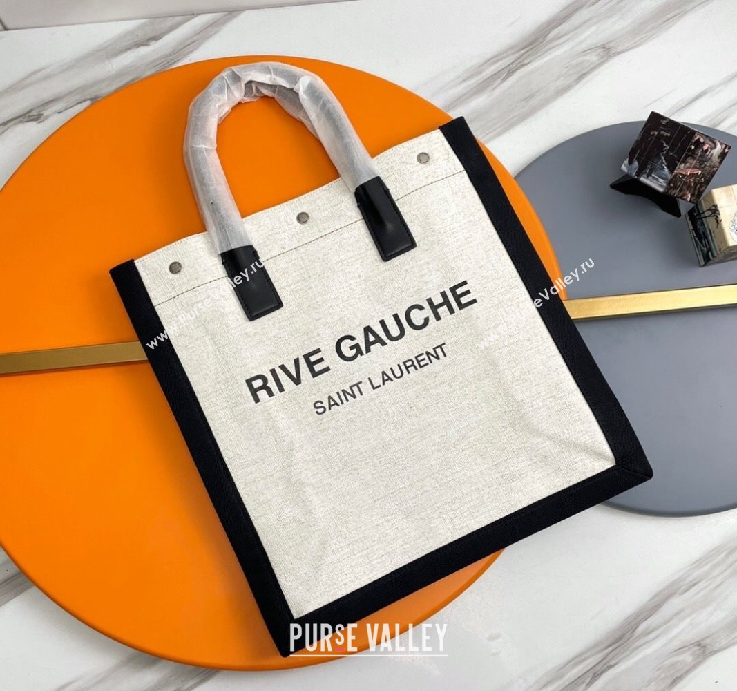 Saint Laurent Rive Gauche N/S Tote bag in Linen and Cotton 631682 White/Black2 2024 (YY-240313120)