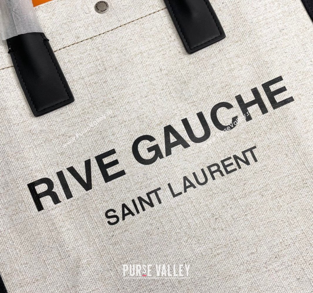 Saint Laurent Rive Gauche N/S Tote bag in Linen and Cotton 631682 White/Black2 2024 (YY-240313120)