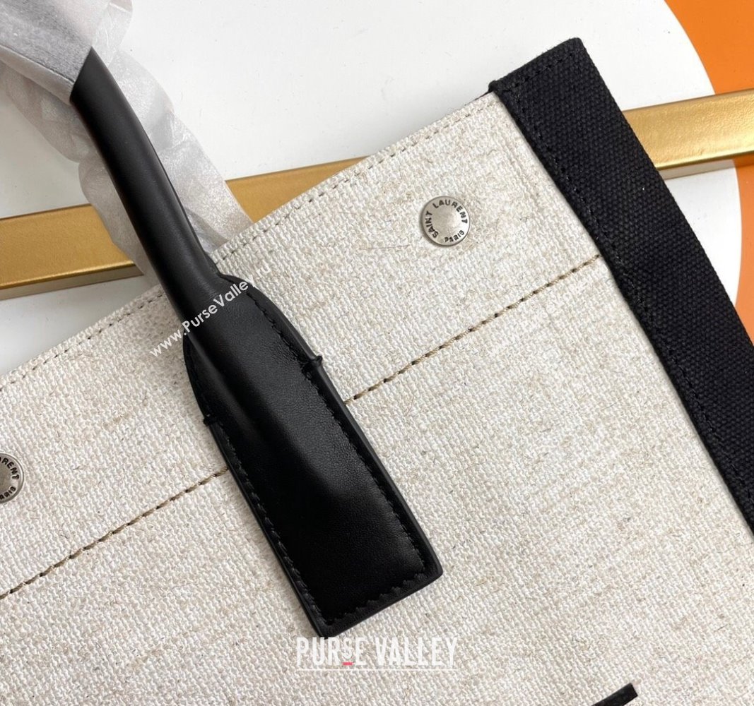 Saint Laurent Rive Gauche N/S Tote bag in Linen and Cotton 631682 White/Black2 2024 (YY-240313120)
