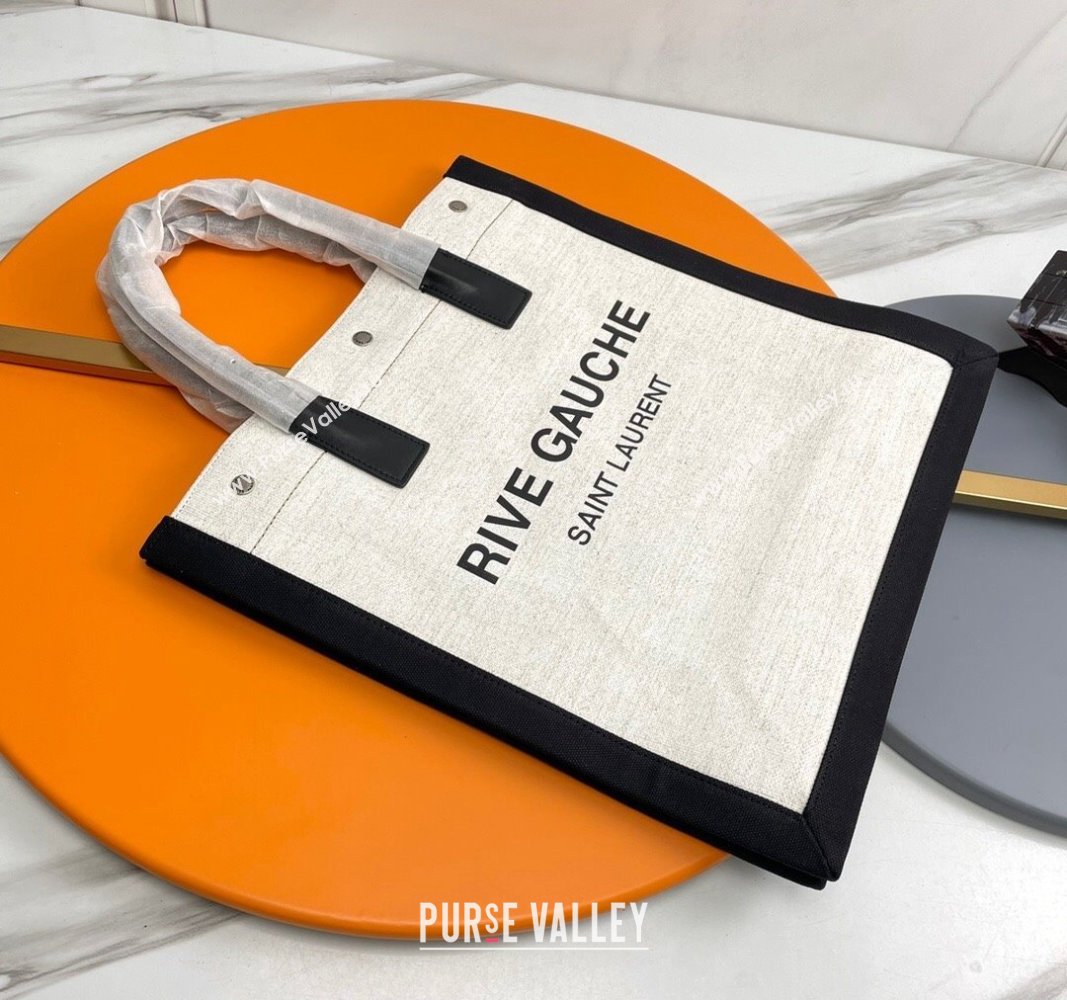 Saint Laurent Rive Gauche N/S Tote bag in Linen and Cotton 631682 White/Black2 2024 (YY-240313120)