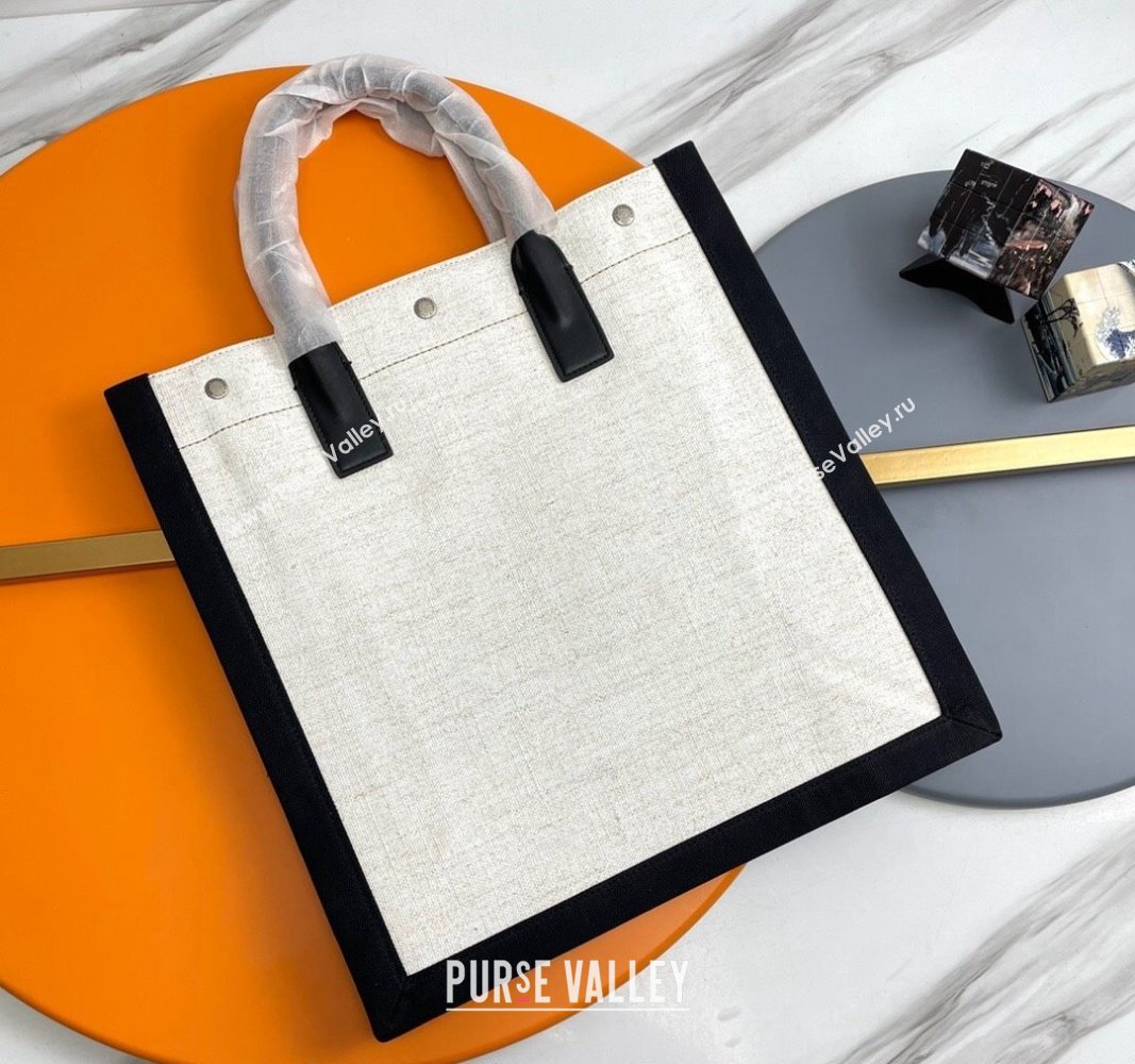 Saint Laurent Rive Gauche N/S Tote bag in Linen and Cotton 631682 White/Black2 2024 (YY-240313120)