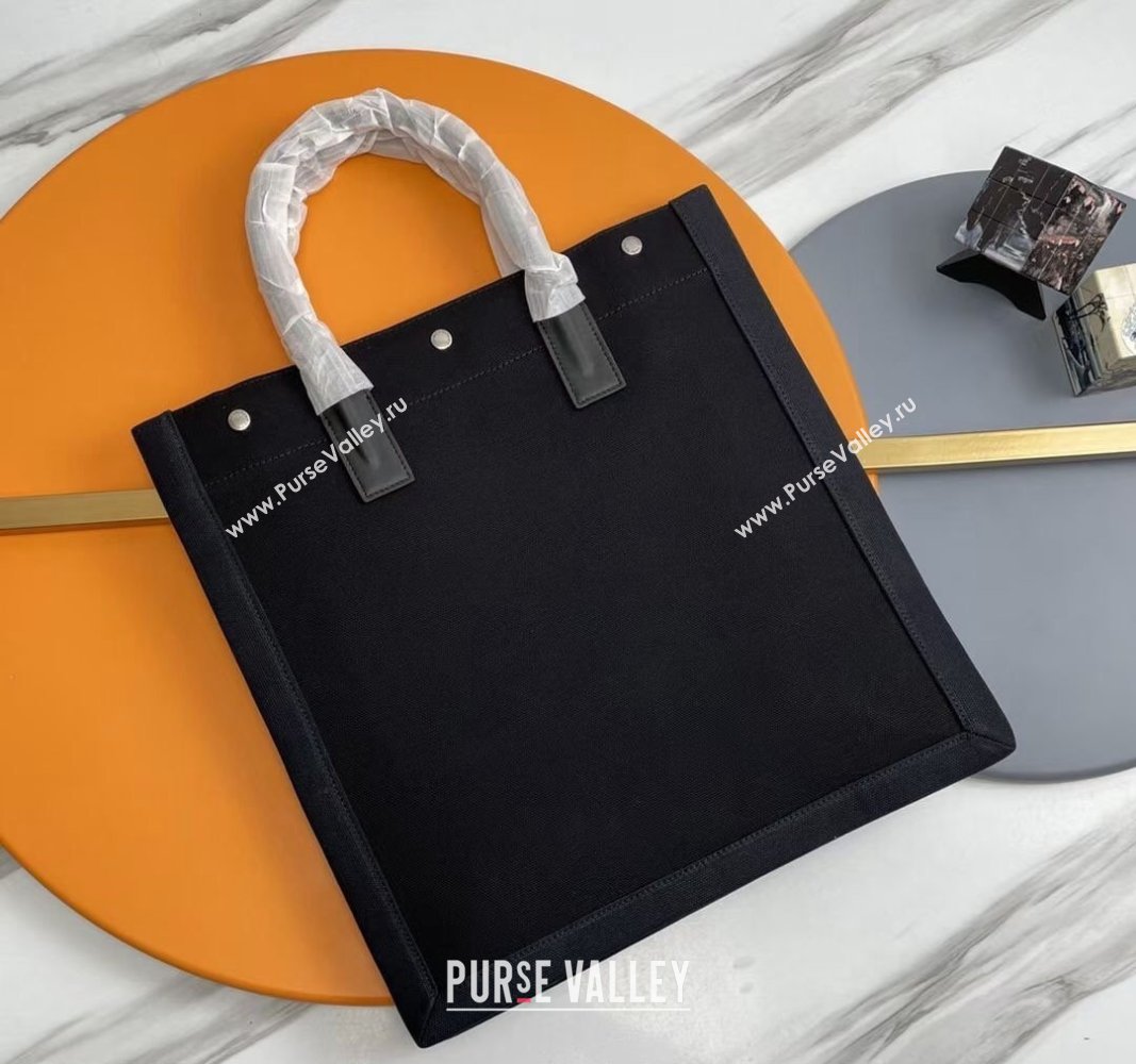 Saint Laurent Rive Gauche N/S Tote bag in Linen and Cotton 631682 Black/White2 2024 (YY-240313121)