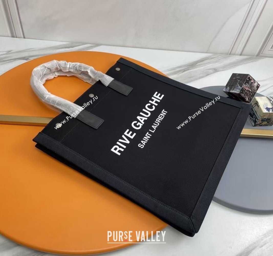 Saint Laurent Rive Gauche N/S Tote bag in Linen and Cotton 631682 Black/White2 2024 (YY-240313121)