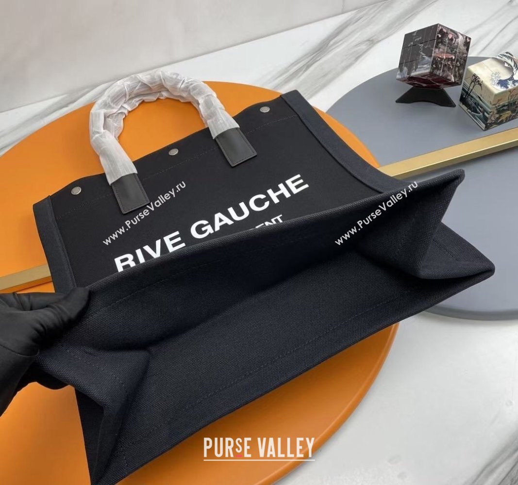 Saint Laurent Rive Gauche N/S Tote bag in Linen and Cotton 631682 Black/White2 2024 (YY-240313121)