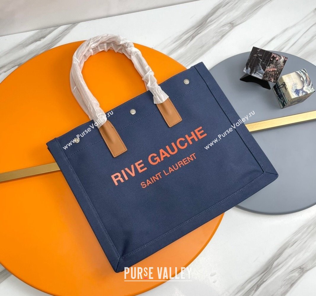Saint Laurent Rive Gauche Small Tote bag in Linen and Cotton Dark Blue 2024 617481 (YY-240313123)