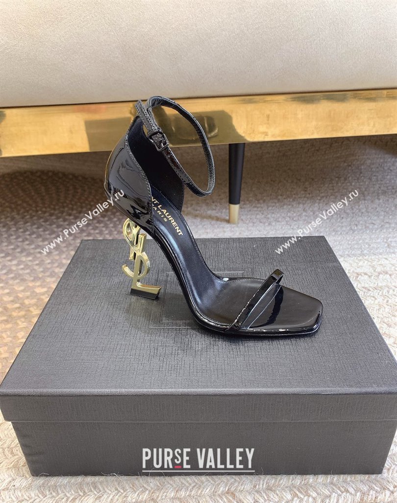 Saint Laurent Opyum Patent Calfskin Sandals 10.5cm with YSL Heel Black/Gold 2024 (MD-240328039)