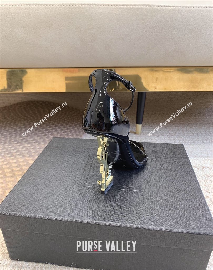 Saint Laurent Opyum Patent Calfskin Sandals 10.5cm with YSL Heel Black/Gold 2024 (MD-240328039)