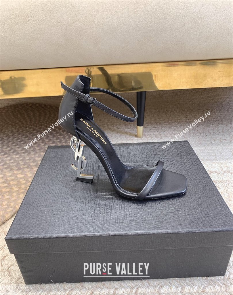 Saint Laurent Opyum Calfskin Leather Sandals 10.5cm with YSL Heel Black/Silver 2024 (MD-240328027)