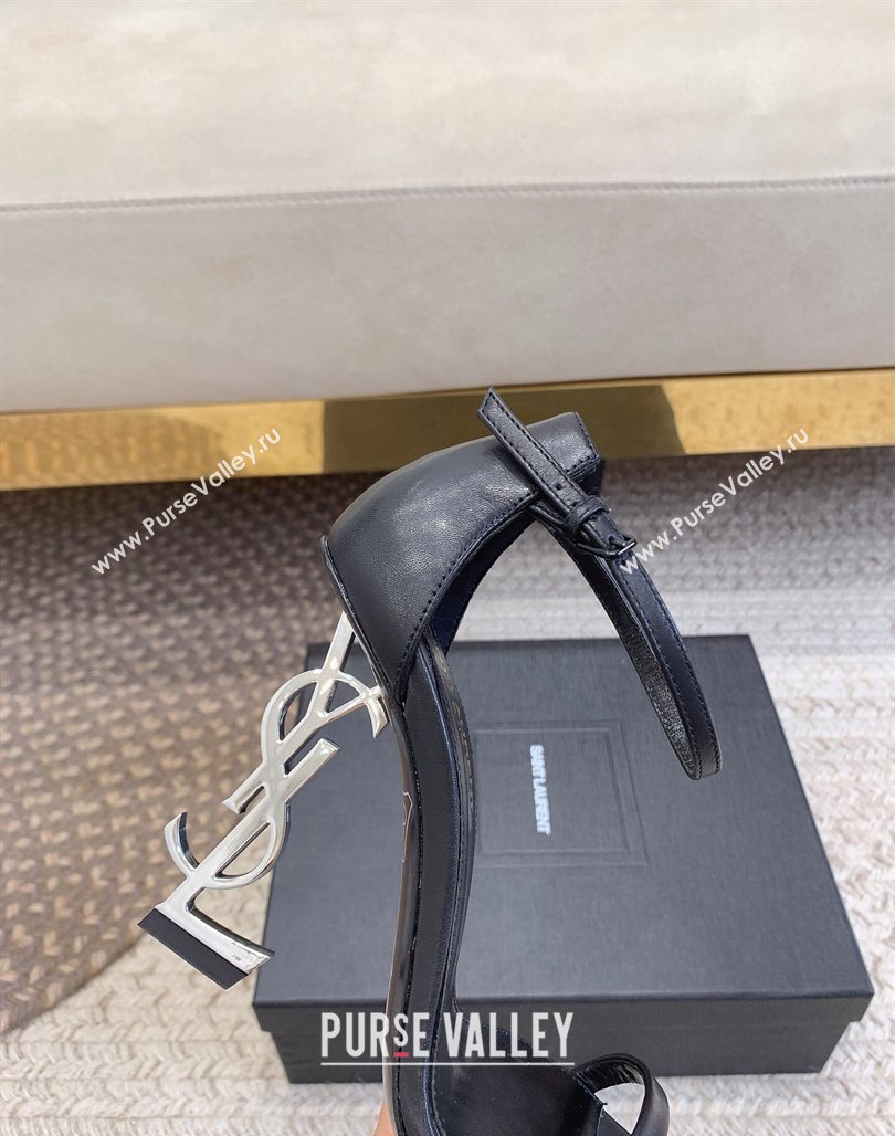 Saint Laurent Opyum Calfskin Leather Sandals 10.5cm with YSL Heel Black/Silver 2024 (MD-240328027)