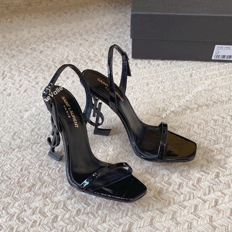 Saint Laurent Opyum Patent Calfskin Sandals 10.5cm with YSL Heel All Black 2024 0329 (MD-240328046)