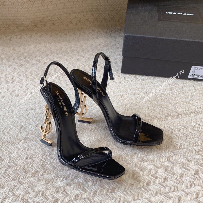 Saint Laurent Opyum Calfskin Leather Sandals 10.5cm with YSL Heel Black/Gold 2024 0329 (MD-240328047)