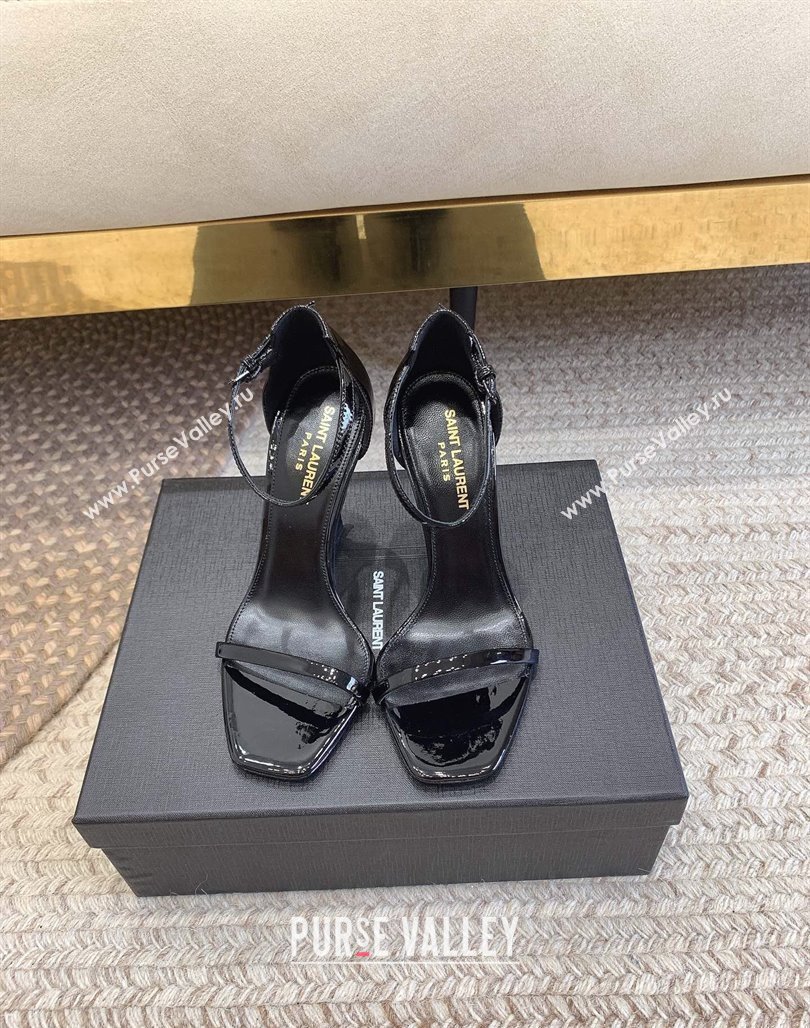 Saint Laurent Opyum Patent Calfskin Sandals 10.5cm with YSL Heel All Black 2024 (MD-240328031)