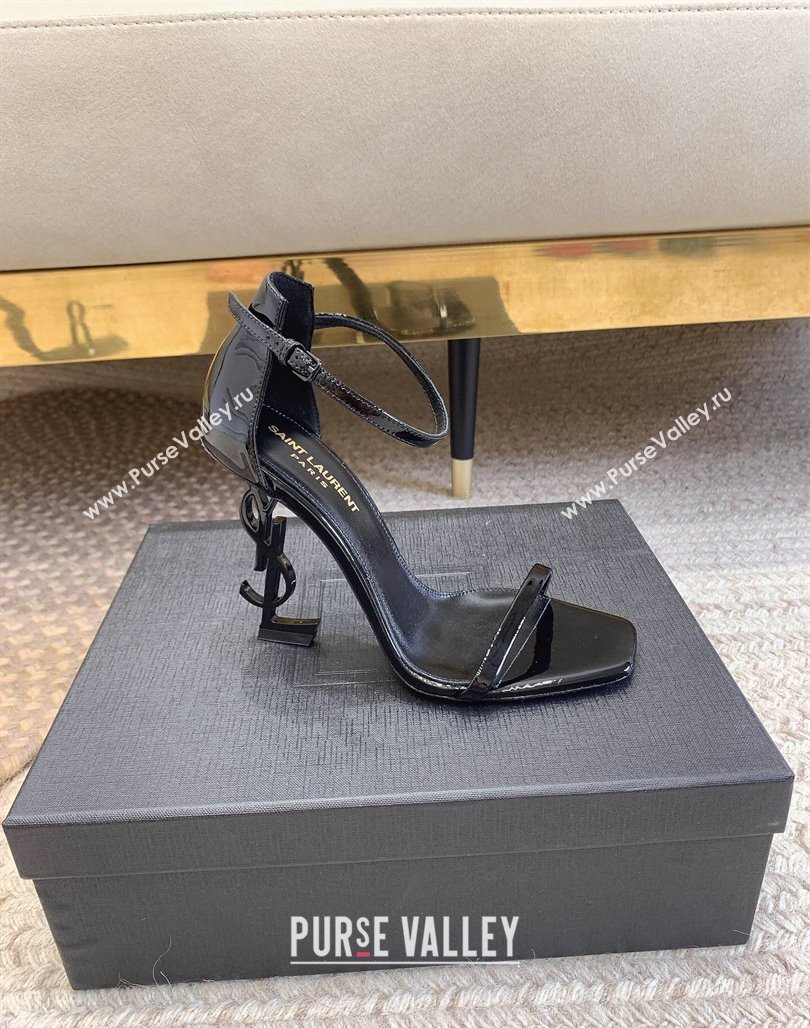 Saint Laurent Opyum Patent Calfskin Sandals 10.5cm with YSL Heel All Black 2024 (MD-240328031)