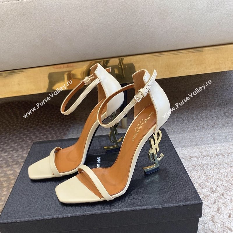 Saint Laurent Opyum Calfskin Leather Sandals 10.5cm with YSL Heel White/Gold 2024 (MD-240328026)