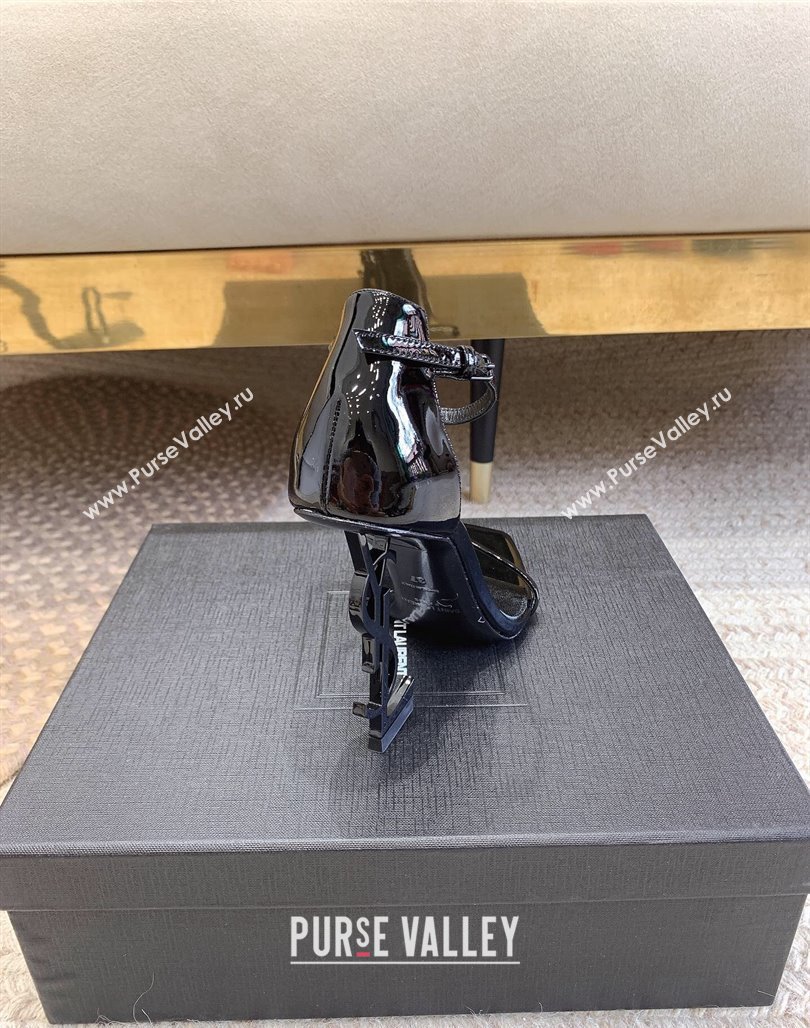 Saint Laurent Opyum Patent Calfskin Sandals 10.5cm with YSL Heel All Black 2024 (MD-240328031)
