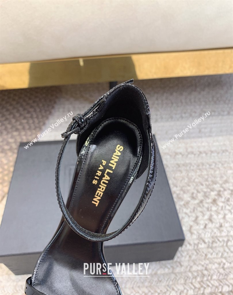 Saint Laurent Opyum Patent Calfskin Sandals 10.5cm with YSL Heel All Black 2024 (MD-240328031)