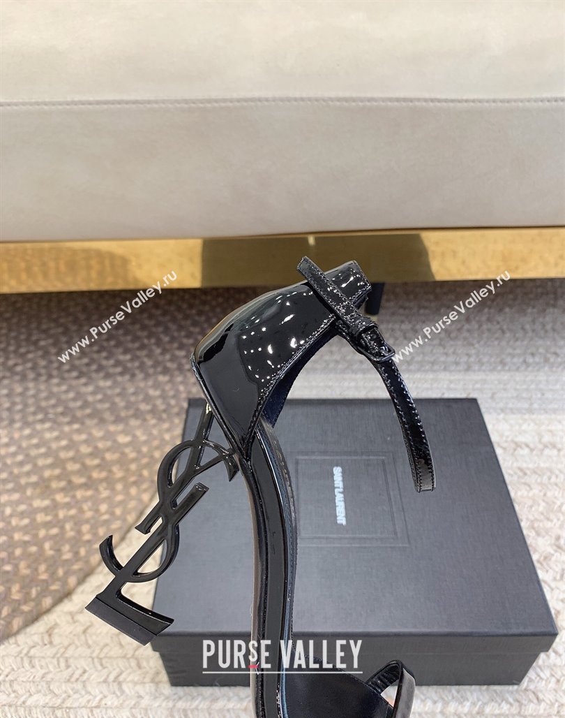 Saint Laurent Opyum Patent Calfskin Sandals 10.5cm with YSL Heel All Black 2024 (MD-240328031)