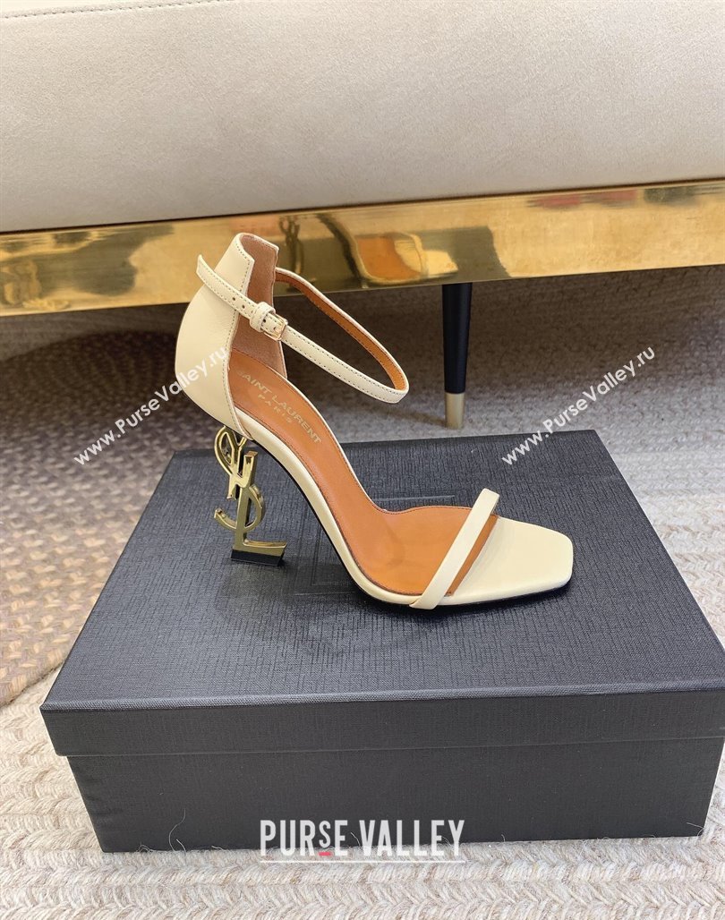 Saint Laurent Opyum Calfskin Leather Sandals 10.5cm with YSL Heel White/Gold 2024 (MD-240328026)