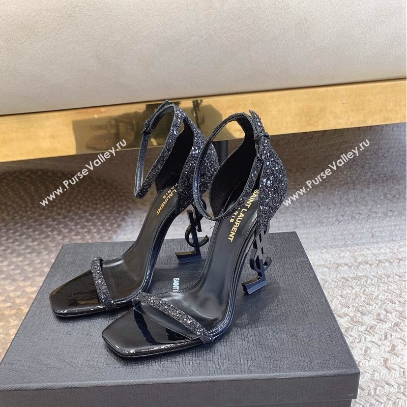 Saint Laurent Opyum Glitters Sandals 10.5cm with YSL Heel All Black 2024 (MD-240328033)