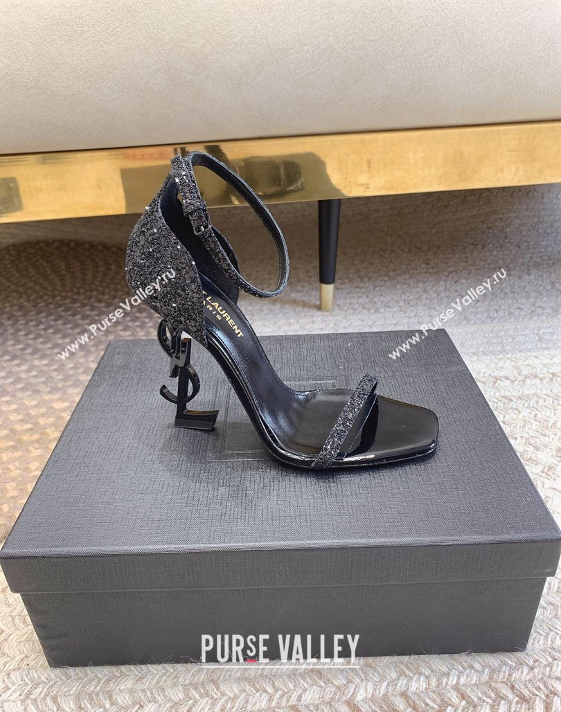 Saint Laurent Opyum Glitters Sandals 10.5cm with YSL Heel All Black 2024 (MD-240328033)