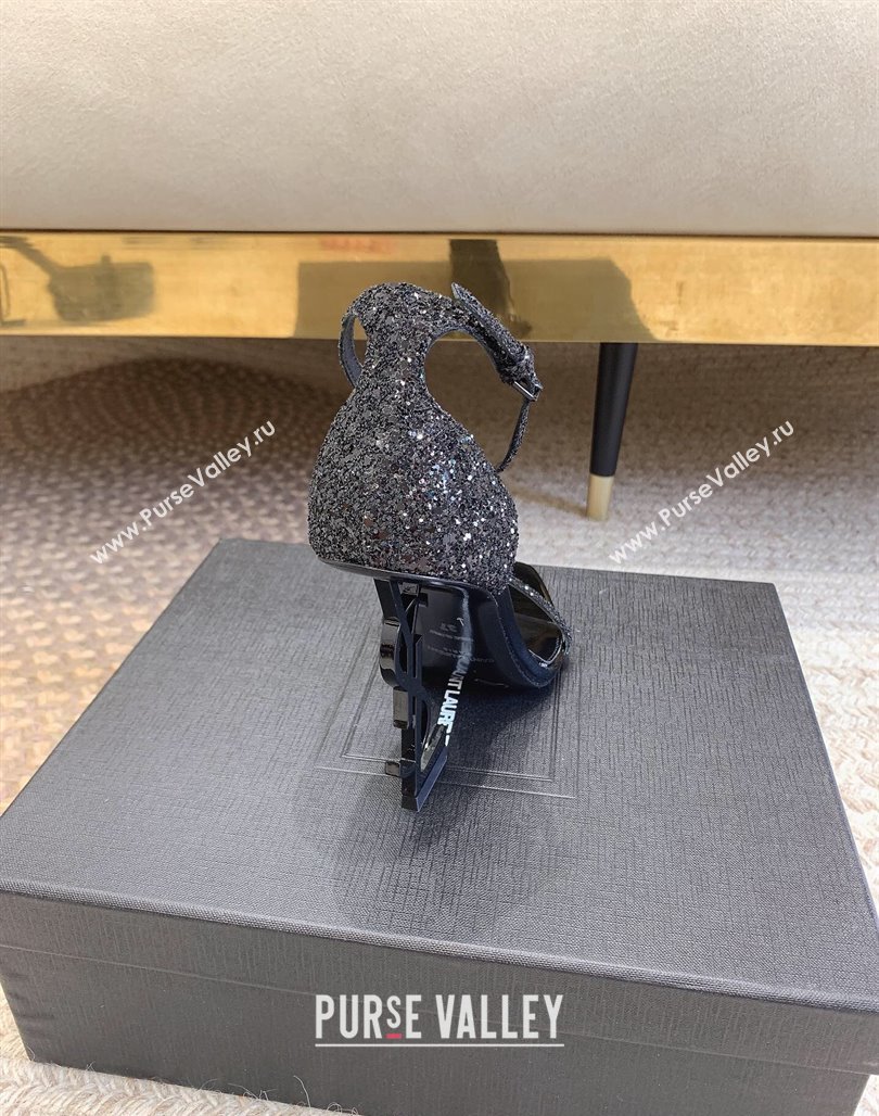 Saint Laurent Opyum Glitters Sandals 10.5cm with YSL Heel All Black 2024 (MD-240328033)